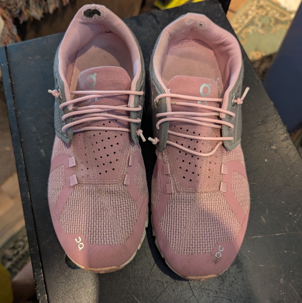 On Running Pink and Gray Athletic Shoes with Breathable Knit Upper